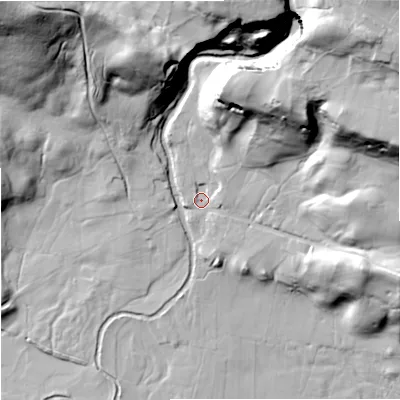 Shaded relief map of the ground around DL83LZ, computed from Environment Agency LiDAR. The ground here sits at about 238 m above sea level and falls 69 m across the surrounding 800 m. Surface water reaching this point runs off ground lying to the north-east, 46.7 m higher.