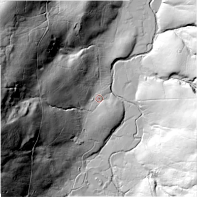 Shaded relief map of the ground around DL83NB, computed from Environment Agency LiDAR. The ground here sits at about 292 m above sea level and falls 106 m across the surrounding 800 m. Surface water reaching this point runs off ground lying to the west-south-west, 94.6 m higher.