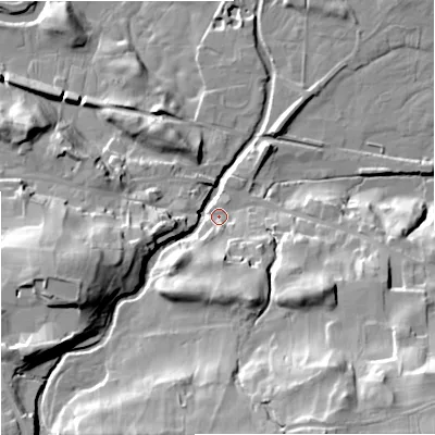 Shaded relief map of the ground around DL83NH, computed from Environment Agency LiDAR. The ground here sits at about 235 m above sea level and falls 43 m across the surrounding 800 m. Surface water reaching this point runs off ground lying to the south-south-west, 30.0 m higher.
