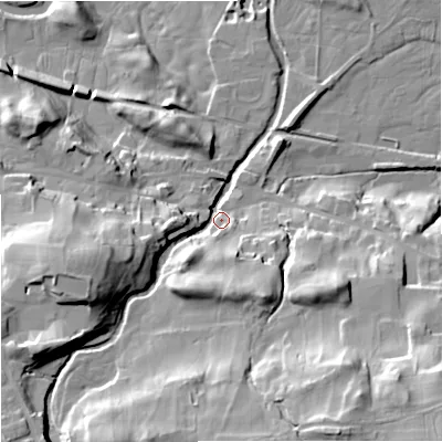 Shaded relief map of the ground around DL83NJ, computed from Environment Agency LiDAR. The ground here sits at about 236 m above sea level and falls 43 m across the surrounding 800 m. Surface water reaching this point runs off ground lying to the south-south-west, 31.4 m higher.