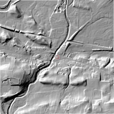 Shaded relief map of the ground around DL83NL, computed from Environment Agency LiDAR. The ground here sits at about 234 m above sea level and falls 40 m across the surrounding 800 m. Surface water reaching this point runs off ground lying to the west-south-west, 30.1 m higher.
