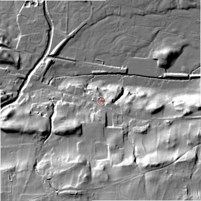 Shaded relief map of the ground around DL83NT, computed from Environment Agency LiDAR. The ground here sits at about 241 m above sea level and falls 48 m across the surrounding 800 m. Surface water reaching this point runs off ground lying to the south-south-east, 27.3 m higher.