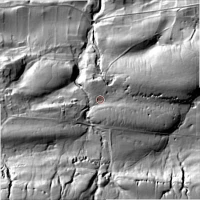 Shaded relief map of the ground around DL83PN, computed from Environment Agency LiDAR. The ground here sits at about 287 m above sea level and falls 104 m across the surrounding 800 m. Surface water reaching this point runs off ground lying to the south-south-east, 11.3 m higher.