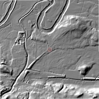 Shaded relief map of the ground around DL83PR, computed from Environment Agency LiDAR. The ground here sits at about 228 m above sea level and falls 27 m across the surrounding 800 m. Surface water reaching this point runs off ground lying to the south-west, 2.8 m higher.