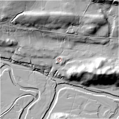 Shaded relief map of the ground around DL83PS, computed from Environment Agency LiDAR. The ground here sits at about 239 m above sea level and falls 68 m across the surrounding 800 m. Surface water reaching this point runs off ground lying to the north, 36.8 m higher.
