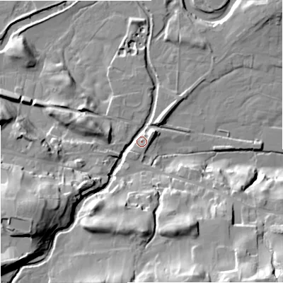 Shaded relief map of the ground around DL83QA, computed from Environment Agency LiDAR. The ground here sits at about 234 m above sea level and falls 40 m across the surrounding 800 m. Surface water reaching this point runs off ground lying to the west-south-west, 31.0 m higher.
