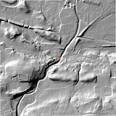 Shaded relief map of the ground around DL83QF, computed from Environment Agency LiDAR. The ground here sits at about 236 m above sea level and falls 43 m across the surrounding 800 m. Surface water reaching this point runs off ground lying to the south-south-west, 29.8 m higher.