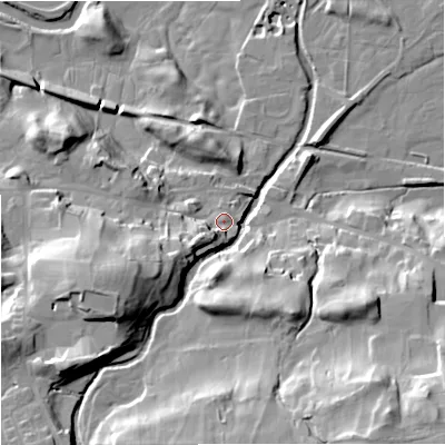 Shaded relief map of the ground around DL83QG, computed from Environment Agency LiDAR. The ground here sits at about 236 m above sea level and falls 42 m across the surrounding 800 m. Surface water reaching this point runs off ground lying to the south-west, 9.2 m higher.