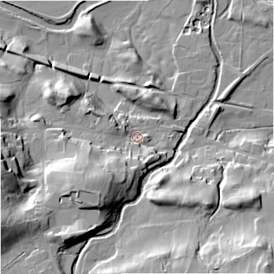 Shaded relief map of the ground around DL83QH, computed from Environment Agency LiDAR. The ground here sits at about 236 m above sea level and falls 41 m across the surrounding 800 m. Surface water reaching this point runs off ground lying to the south-west, 25.9 m higher.