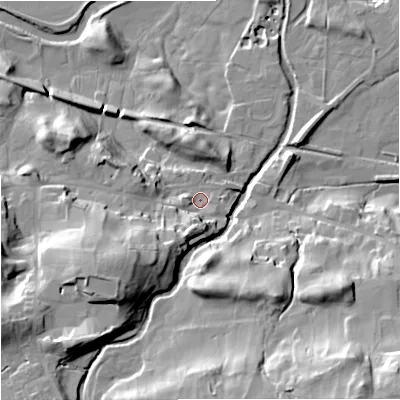 Shaded relief map of the ground around DL83QL, computed from Environment Agency LiDAR. The ground here sits at about 235 m above sea level and falls 41 m across the surrounding 800 m. Surface water reaching this point runs off ground lying to the south-south-west, 13.3 m higher.