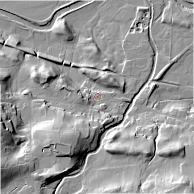 Shaded relief map of the ground around DL83QR, computed from Environment Agency LiDAR. The ground here sits at about 235 m above sea level and falls 41 m across the surrounding 800 m. Surface water reaching this point runs off ground lying to the south-west, 26.0 m higher.
