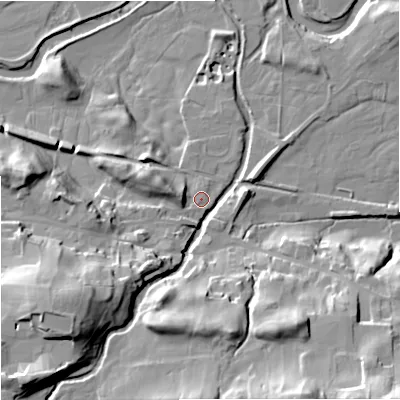 Shaded relief map of the ground around DL83QT, computed from Environment Agency LiDAR. The ground here sits at about 232 m above sea level and falls 40 m across the surrounding 800 m. Surface water reaching this point runs off ground lying to the south-west, 29.3 m higher.