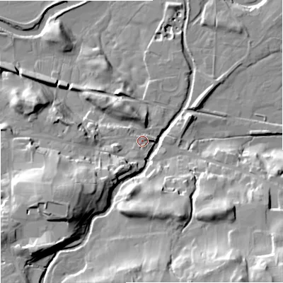 Shaded relief map of the ground around DL83QU, computed from Environment Agency LiDAR. The ground here sits at about 234 m above sea level and falls 42 m across the surrounding 800 m. Surface water reaching this point runs off ground lying to the south-west, 27.3 m higher.