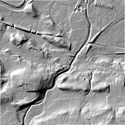 Shaded relief map of the ground around DL83QW, computed from Environment Agency LiDAR. The ground here sits at about 236 m above sea level and falls 41 m across the surrounding 800 m. Surface water reaching this point runs off ground lying to the south-west, 13.1 m higher.