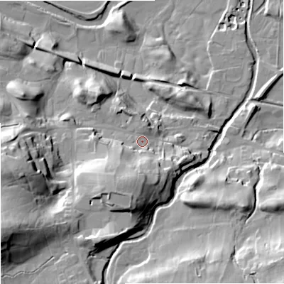Shaded relief map of the ground around DL83QX, computed from Environment Agency LiDAR. The ground here sits at about 241 m above sea level and falls 47 m across the surrounding 800 m. Surface water reaching this point runs off ground lying to the south-south-west, 20.7 m higher.