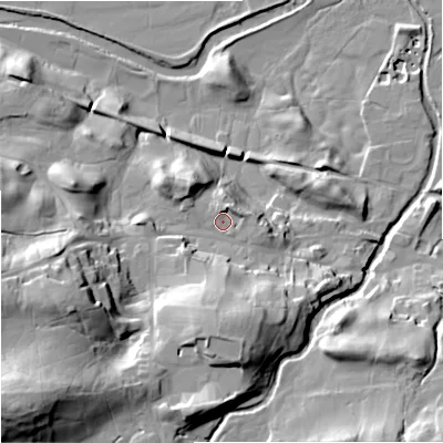 Shaded relief map of the ground around DL83RD, computed from Environment Agency LiDAR. The ground here sits at about 240 m above sea level and falls 50 m across the surrounding 800 m. Surface water reaching this point runs off ground lying to the south, 20.4 m higher.