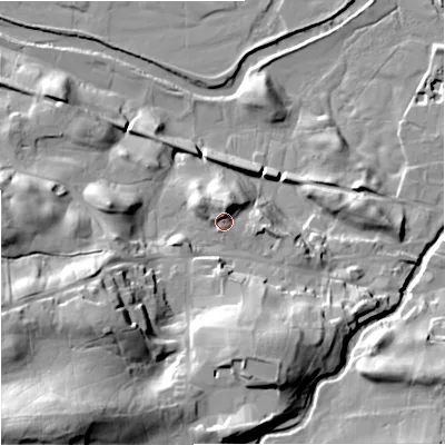 Shaded relief map of the ground around DL83RF, computed from Environment Agency LiDAR. The ground here sits at about 241 m above sea level and falls 51 m across the surrounding 800 m. Surface water reaching this point runs off ground lying to the north, 5.5 m higher.