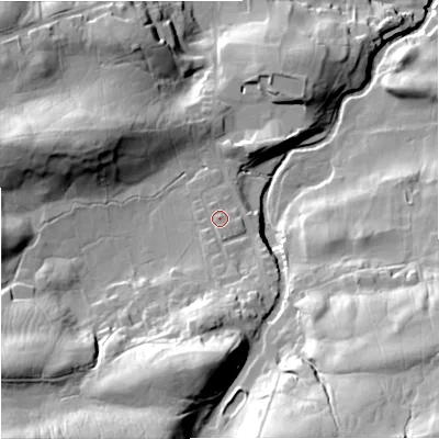 Shaded relief map of the ground around DL83RP, computed from Environment Agency LiDAR. The ground here sits at about 256 m above sea level and falls 65 m across the surrounding 800 m. Surface water reaching this point runs off ground lying to the south, 2.5 m higher.