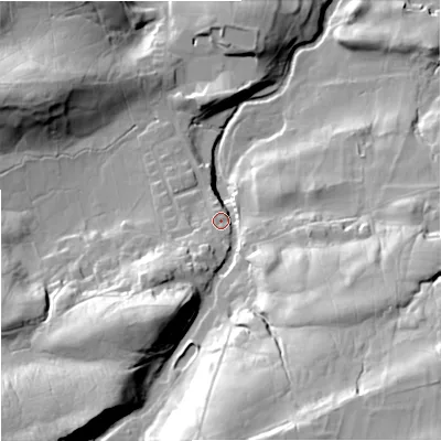 Shaded relief map of the ground around DL83RS, computed from Environment Agency LiDAR. The ground here sits at about 259 m above sea level and falls 60 m across the surrounding 800 m. Surface water reaching this point runs off ground lying to the south-south-east, 44.3 m higher.