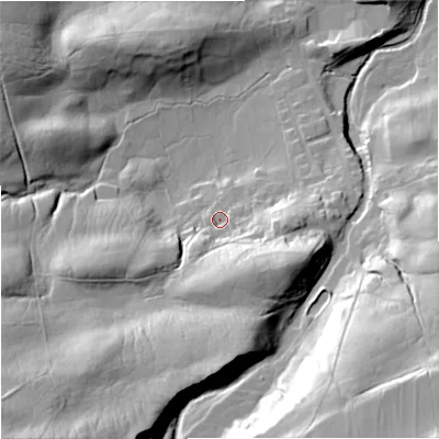 Shaded relief map of the ground around DL83RT, computed from Environment Agency LiDAR. The ground here sits at about 261 m above sea level and falls 60 m across the surrounding 800 m. Surface water reaching this point runs off ground lying to the south-south-east, 22.0 m higher.