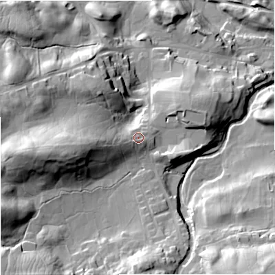 Shaded relief map of the ground around DL83RW, computed from Environment Agency LiDAR. The ground here sits at about 257 m above sea level and falls 52 m across the surrounding 800 m. Surface water reaching this point runs off ground lying to the west-south-west, 5.2 m higher.