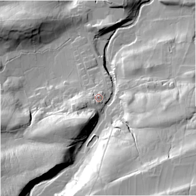 Shaded relief map of the ground around DL83RX, computed from Environment Agency LiDAR. The ground here sits at about 266 m above sea level and falls 62 m across the surrounding 800 m. Surface water reaching this point runs off ground lying to the south-west, 5.0 m higher.