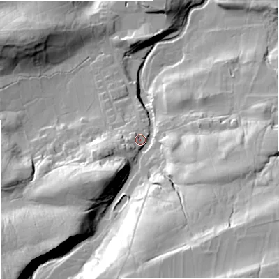 Shaded relief map of the ground around DL83RY, computed from Environment Agency LiDAR. The ground here sits at about 263 m above sea level and falls 63 m across the surrounding 800 m. Surface water reaching this point runs off ground lying to the south-south-east, 41.3 m higher.