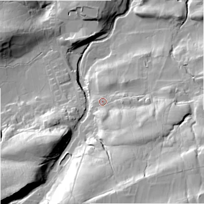 Shaded relief map of the ground around DL83RZ, computed from Environment Agency LiDAR. The ground here sits at about 263 m above sea level and falls 63 m across the surrounding 800 m. Surface water reaching this point runs off ground lying to the south-east, 22.8 m higher.