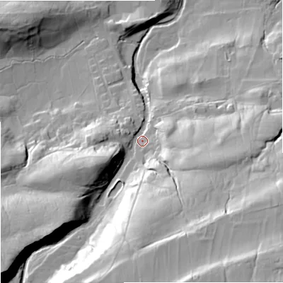 Shaded relief map of the ground around DL83SA, computed from Environment Agency LiDAR. The ground here sits at about 264 m above sea level and falls 62 m across the surrounding 800 m. Surface water reaching this point runs off ground lying to the south-south-east, 45.6 m higher.
