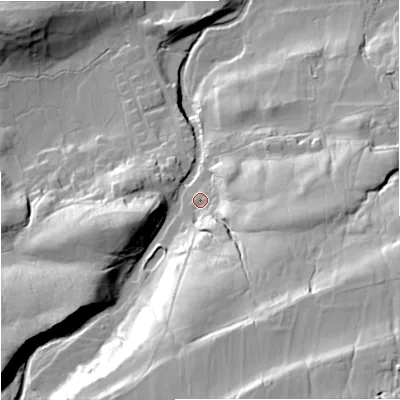 Shaded relief map of the ground around DL83SD, computed from Environment Agency LiDAR. The ground here sits at about 266 m above sea level and falls 65 m across the surrounding 800 m. Surface water reaching this point runs off ground lying to the south-south-east, 42.6 m higher.