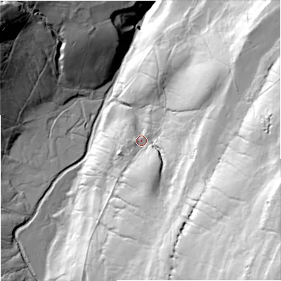 Shaded relief map of the ground around DL83SF, computed from Environment Agency LiDAR. The ground here sits at about 318 m above sea level and falls 139 m across the surrounding 800 m. Surface water reaching this point runs off ground lying to the south-south-east, 21.8 m higher.
