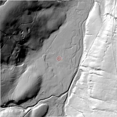 Shaded relief map of the ground around DL83SG, computed from Environment Agency LiDAR. The ground here sits at about 310 m above sea level and falls 90 m across the surrounding 800 m. Surface water reaching this point runs off ground lying to the south, 4.1 m higher.