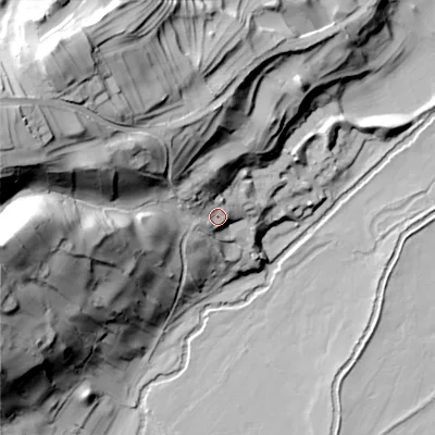 Shaded relief map of the ground around DL83SP, computed from Environment Agency LiDAR. The ground here sits at about 161 m above sea level and falls 67 m across the surrounding 800 m. Surface water reaching this point runs off ground lying to the north-west, 12.4 m higher.