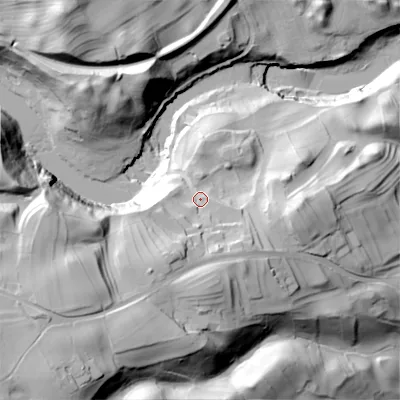 Shaded relief map of the ground around DL83SR, computed from Environment Agency LiDAR. The ground here sits at about 200 m above sea level and falls 72 m across the surrounding 800 m. Surface water reaching this point runs off ground lying to the south-south-west, 22.6 m higher.