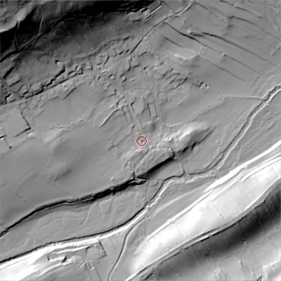 Shaded relief map of the ground around DL83SZ, computed from Environment Agency LiDAR. The ground here sits at about 164 m above sea level and falls 82 m across the surrounding 800 m. Surface water reaching this point runs off ground lying to the west, 13.8 m higher.