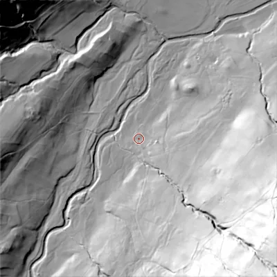 Shaded relief map of the ground around DL83TG, computed from Environment Agency LiDAR. The ground here sits at about 198 m above sea level and falls 142 m across the surrounding 800 m. Surface water reaching this point runs off ground lying to the south-east, 37.1 m higher.
