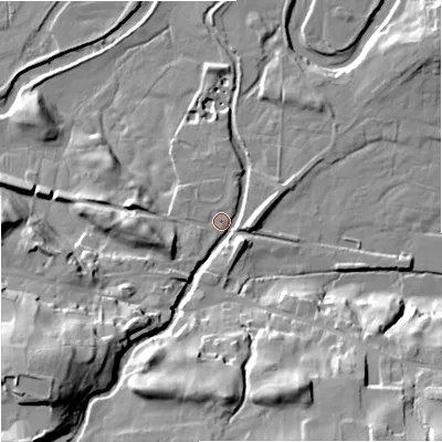 Shaded relief map of the ground around DL83UW, computed from Environment Agency LiDAR. The ground here sits at about 231 m above sea level and falls 38 m across the surrounding 800 m. Surface water reaching this point runs off ground lying to the south-west, 31.6 m higher.