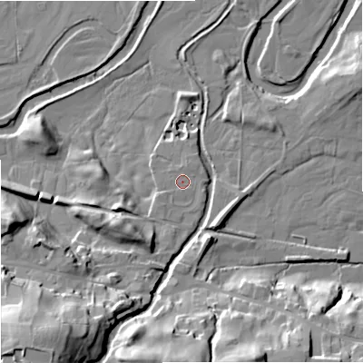 Shaded relief map of the ground around DL83UZ, computed from Environment Agency LiDAR. The ground here sits at about 230 m above sea level and falls 39 m across the surrounding 800 m. Surface water reaching this point runs off ground lying to the south-west, 1.5 m higher.