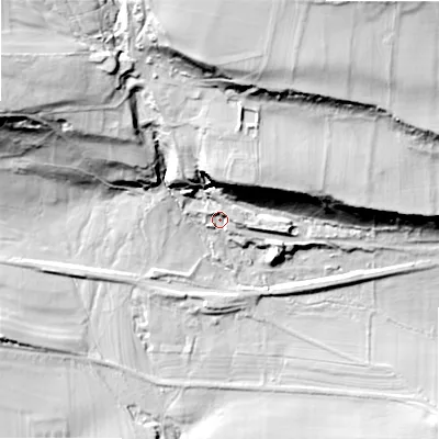 Shaded relief map of the ground around DL84AF, computed from Environment Agency LiDAR. The ground here sits at about 181 m above sea level and falls 60 m across the surrounding 800 m. Surface water reaching this point runs off ground lying to the north, 6.1 m higher.