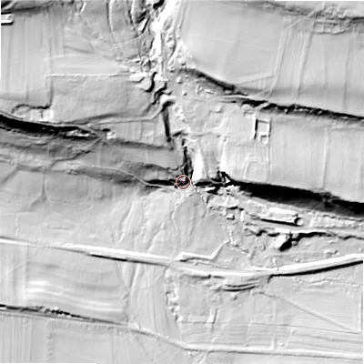 Shaded relief map of the ground around DL84AG, computed from Environment Agency LiDAR. The ground here sits at about 192 m above sea level and falls 70 m across the surrounding 800 m. Surface water reaching this point runs off ground lying to the north-west, 50.2 m higher.