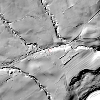Shaded relief map of the ground around DL84BA, computed from Environment Agency LiDAR. The ground here sits at about 246 m above sea level and falls 108 m across the surrounding 800 m. Surface water reaching this point runs off ground lying to the north-west, 49.2 m higher.