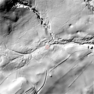 Shaded relief map of the ground around DL84BD, computed from Environment Agency LiDAR. The ground here sits at about 275 m above sea level and falls 123 m across the surrounding 800 m. Surface water reaching this point runs off ground lying to the north-west, 76.9 m higher.