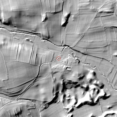 Shaded relief map of the ground around DL84DS, computed from Environment Agency LiDAR. The ground here sits at about 149 m above sea level and falls 38 m across the surrounding 800 m. Surface water reaching this point runs off ground lying to the west, 18.8 m higher.
