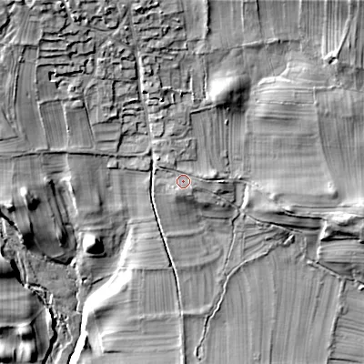 Shaded relief map of the ground around DL84EQ, computed from Environment Agency LiDAR. The ground here sits at about 150 m above sea level and falls 34 m across the surrounding 800 m. Surface water reaching this point runs off ground lying to the north-north-west, 1.0 m higher.