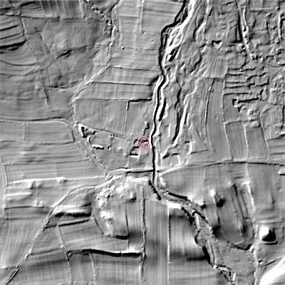 Shaded relief map of the ground around DL84HA, computed from Environment Agency LiDAR. The ground here sits at about 154 m above sea level and falls 39 m across the surrounding 800 m. Surface water reaching this point runs off ground lying to the north-north-east, 10.4 m higher.