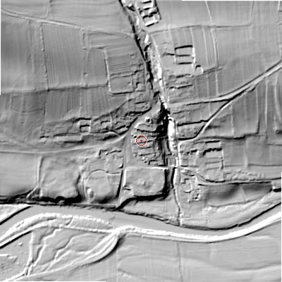 Shaded relief map of the ground around DL84HJ, computed from Environment Agency LiDAR. The ground here sits at about 123 m above sea level and falls 59 m across the surrounding 800 m. Surface water reaching this point runs off ground lying to the north-north-east, 8.9 m higher.
