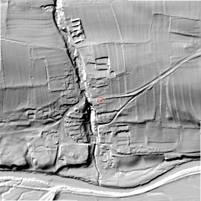 Shaded relief map of the ground around DL84HR, computed from Environment Agency LiDAR. The ground here sits at about 132 m above sea level and falls 60 m across the surrounding 800 m. Surface water reaching this point runs off ground lying to the north-north-east, 12.1 m higher.