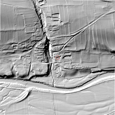 Shaded relief map of the ground around DL84HS, computed from Environment Agency LiDAR. The ground here sits at about 117 m above sea level and falls 53 m across the surrounding 800 m. Surface water reaching this point runs off ground lying to the north-north-east, 7.8 m higher.
