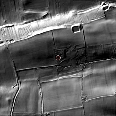 Shaded relief map of the ground around DL84HZ, computed from Environment Agency LiDAR. The ground here sits at about 145 m above sea level and falls 73 m across the surrounding 800 m. Surface water reaching this point runs off ground lying to the west-south-west, 4.1 m higher.