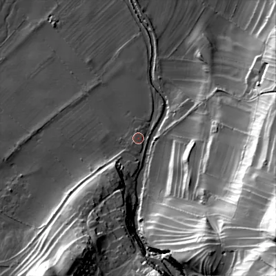 Shaded relief map of the ground around DL84JS, computed from Environment Agency LiDAR. The ground here sits at about 154 m above sea level and falls 75 m across the surrounding 800 m. Surface water reaching this point runs off ground lying to the south-south-west, 8.4 m higher.